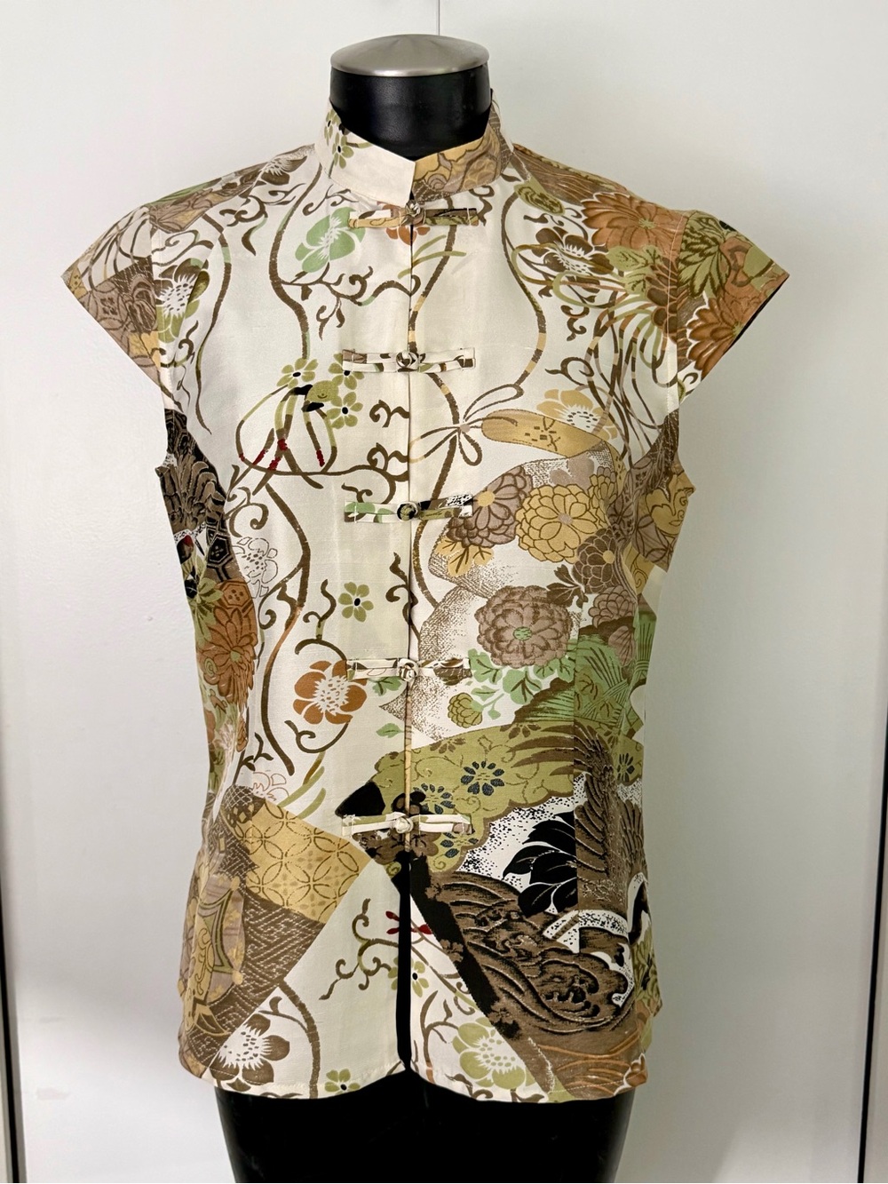 Mandarin Collar Floral Brocade Shirt - Green & Gold